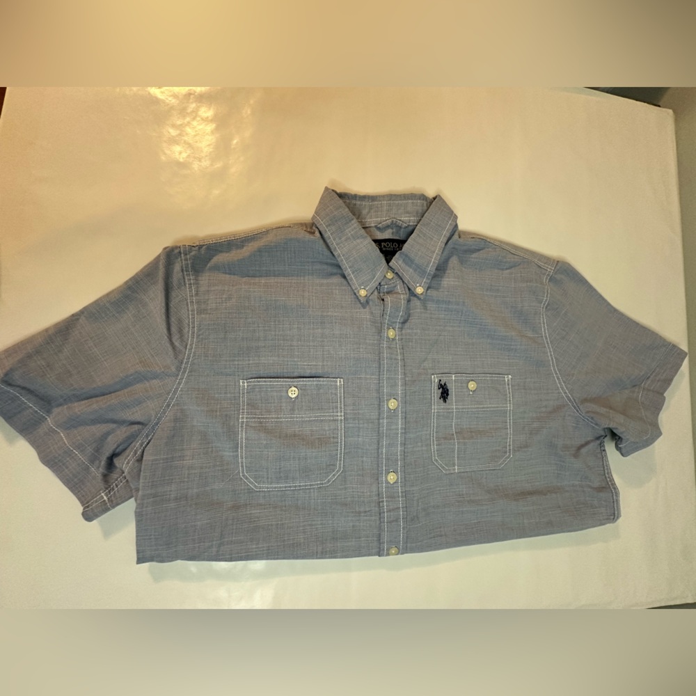 Us Polo Association Blue Button Down Short Sleeve Size Large Men’s Shirt (D8)